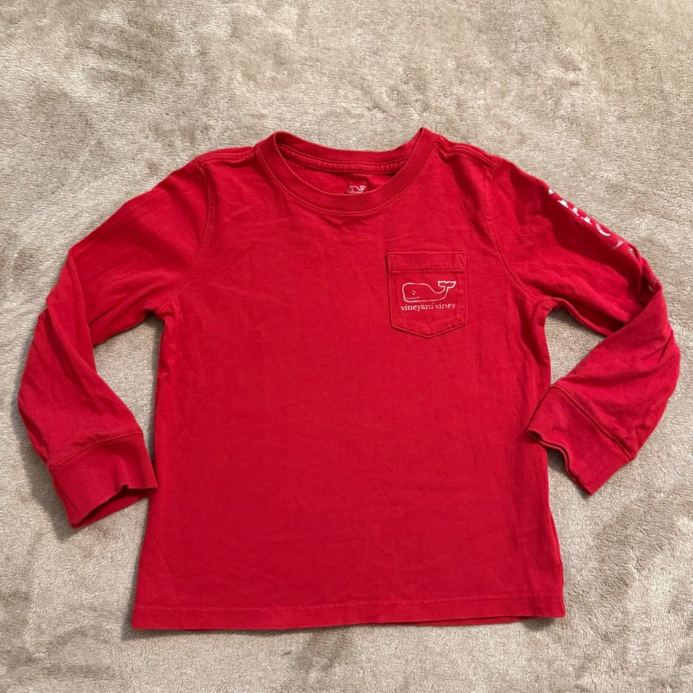 Vineyard Vines Kids Red Long Sleeve Whale Pocket T-Shirt 4T Metallic Logo